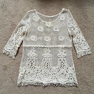 Womens Cream Breathable Crochet Fringe 90’s Tunic Top Medium